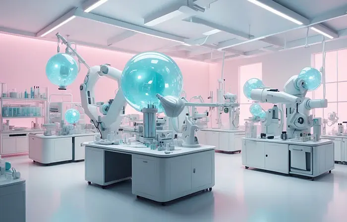 Futuristic Lab with Functional Robot Arms Dynamic 3D Illustration